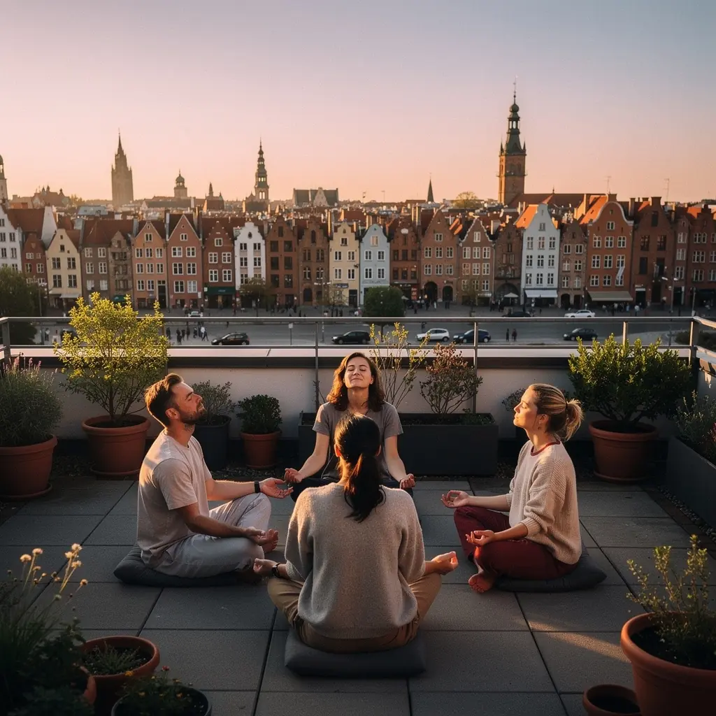 Mężczyzna medytujący w lesie, otoczony drzewami i naturą, z zamkniętymi oczami.
