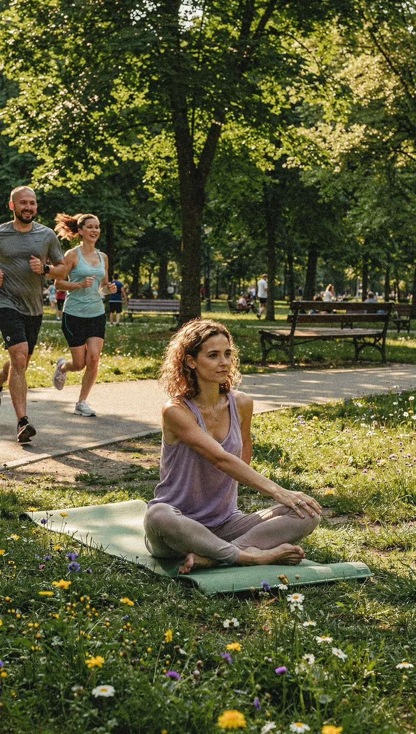 Grupa osób uczestniczących w zajęciach jogi na świeżym powietrzu, w harmonijnej scenerii parku.