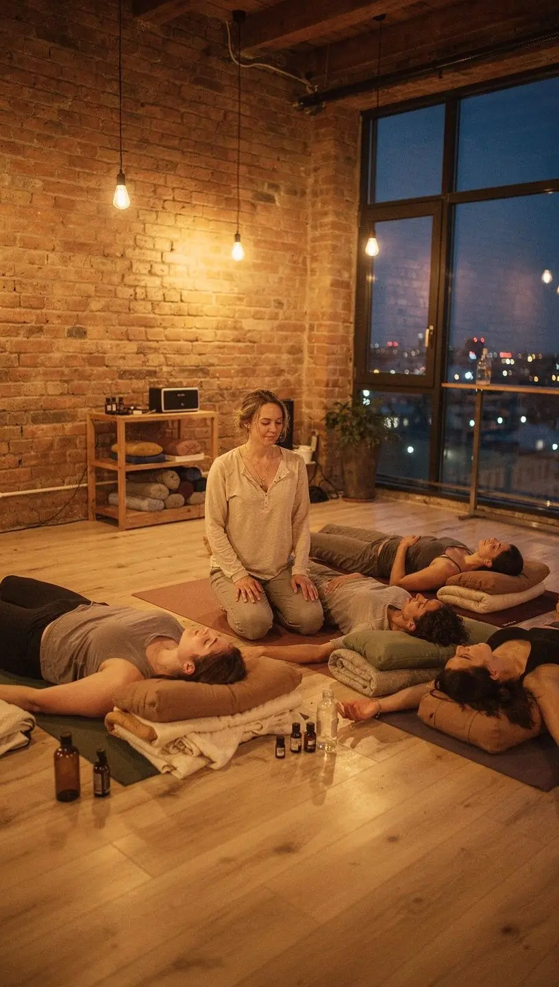 Grupa ludzi uczestniczących w sesji jogi w parku, otoczonych zielenią i naturą.