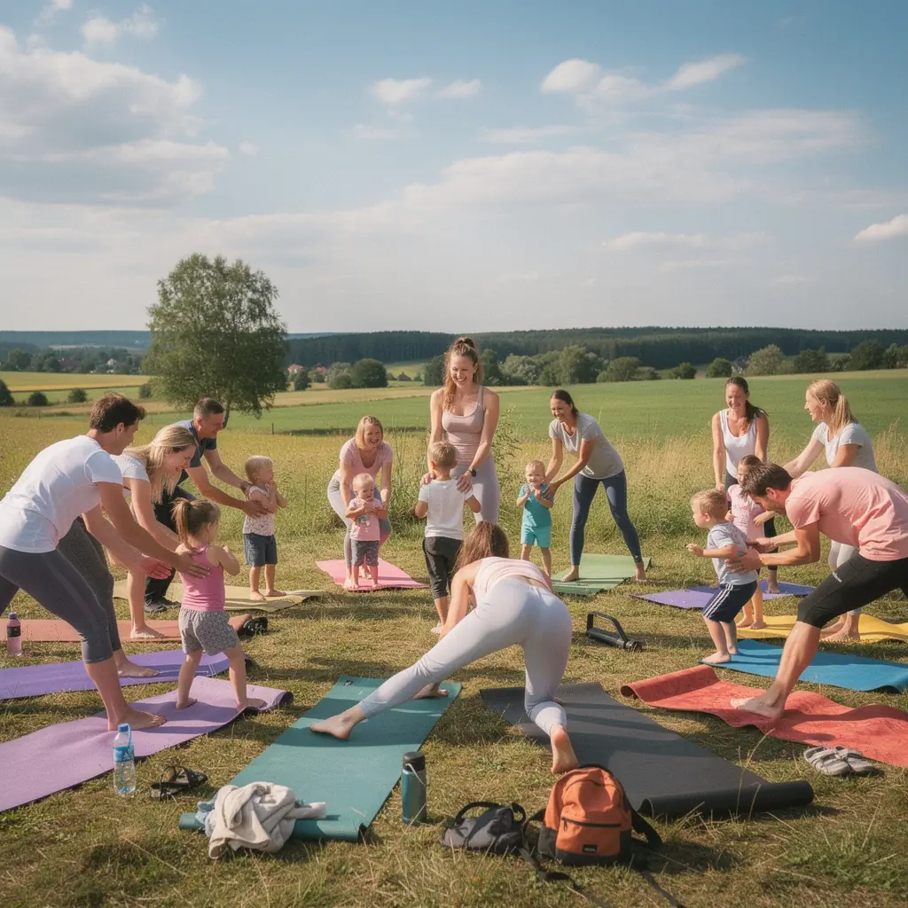 Wizualizacja spokojnej przestrzeni do jogi, z poduszkami i świecami, sprzyjająca relaksowi.