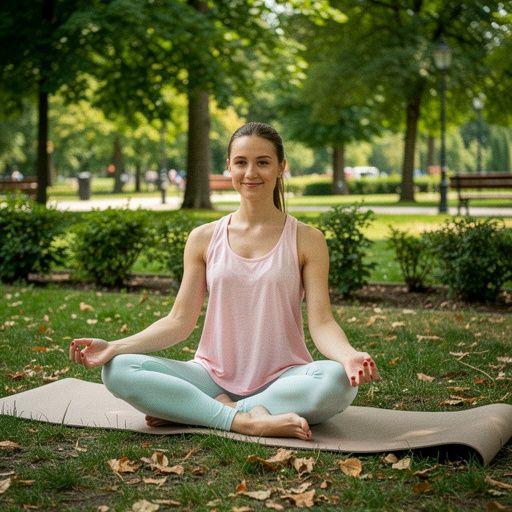 Kobieta w pozycji lotosu, z rękami złożonymi w geście modlitwy, na tle górskiego krajobrazu.