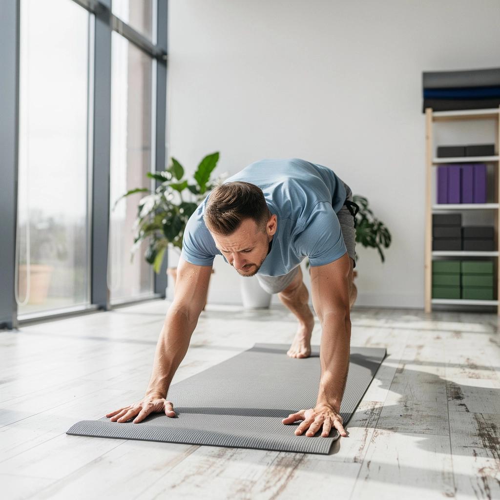 Mężczyzna wykonujący asany jogi w domowym zaciszu, z przytulnym otoczeniem i świecami.
