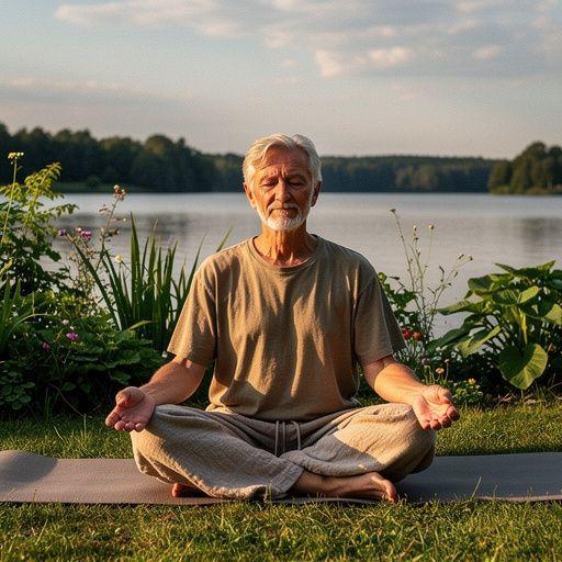 Widok na stopy osoby w pozycji jogi, z zieloną trawą w tle i promieniami słońca.
